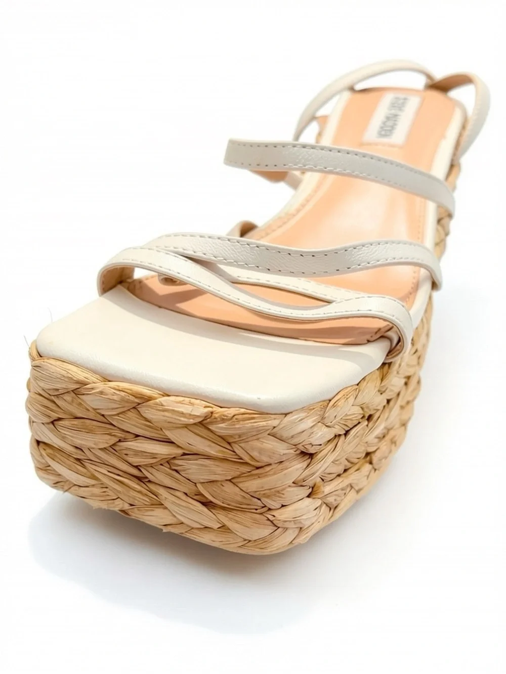 Steve Madden NWT Belise White Leather Raffia Platform Block Heel Sandals 7.5M